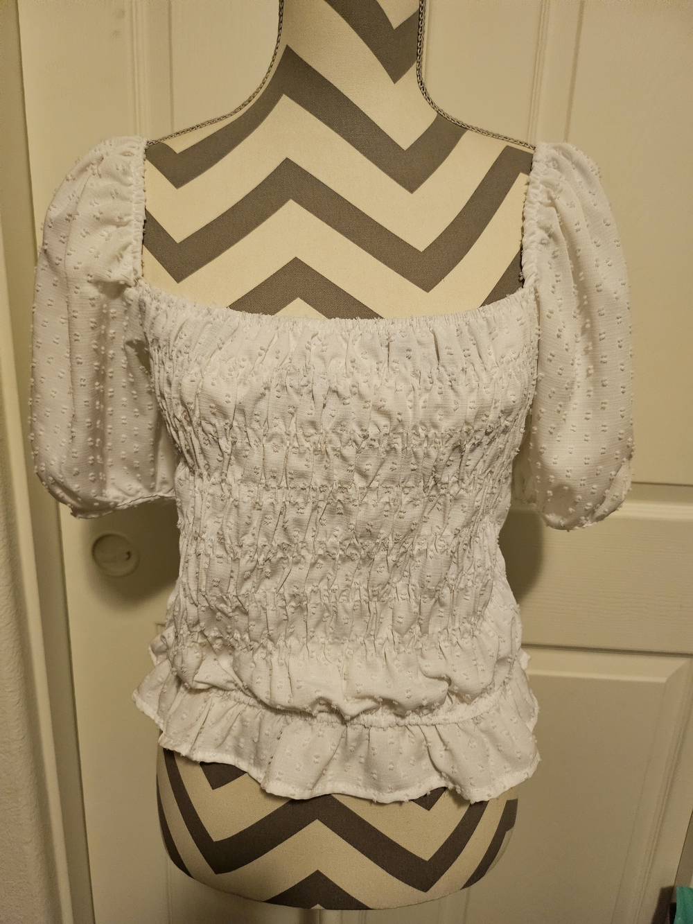 Style Envy White Smocked Puff Sleeve Peplum Top